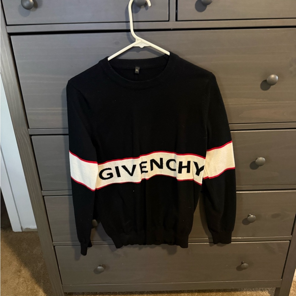 Givenchy Black Crewneck Sweater with White and Red Stripes